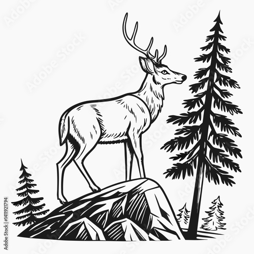 A vector whitetail deer standing on the hill or stone under a pine tree