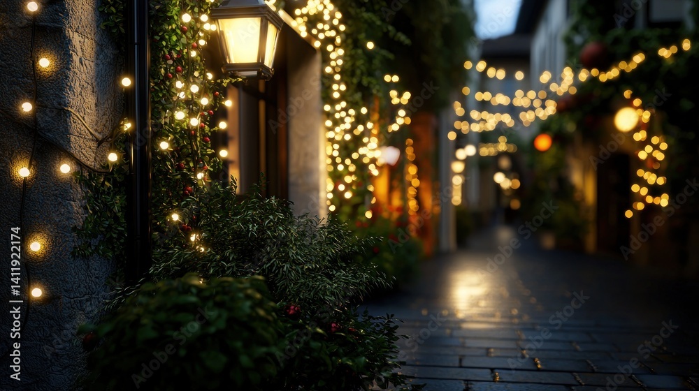 Fototapeta premium Festive, European alleyway at night, lit by warm string lights