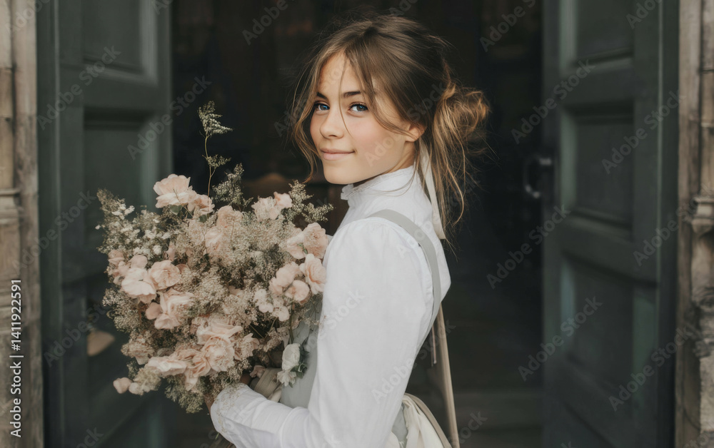 Teenage girl at confirmation ceremony holding flower bouquet, standing gracefully in front of open door