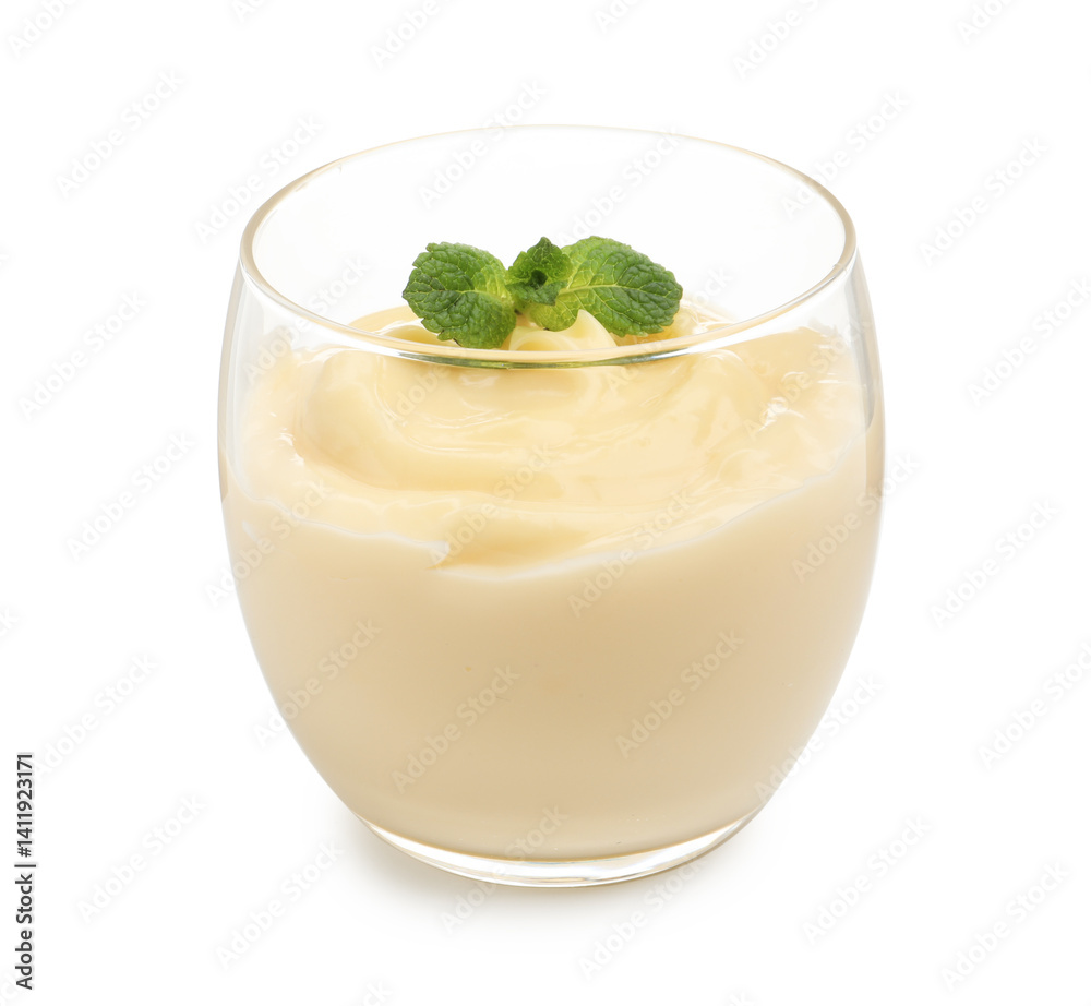 Tasty vanilla pudding with mint isolated on white