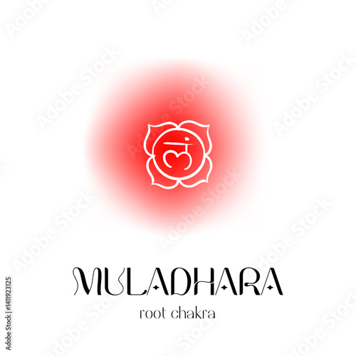 Muladhara root chakra symbol with red energy glow and sanskrit script
