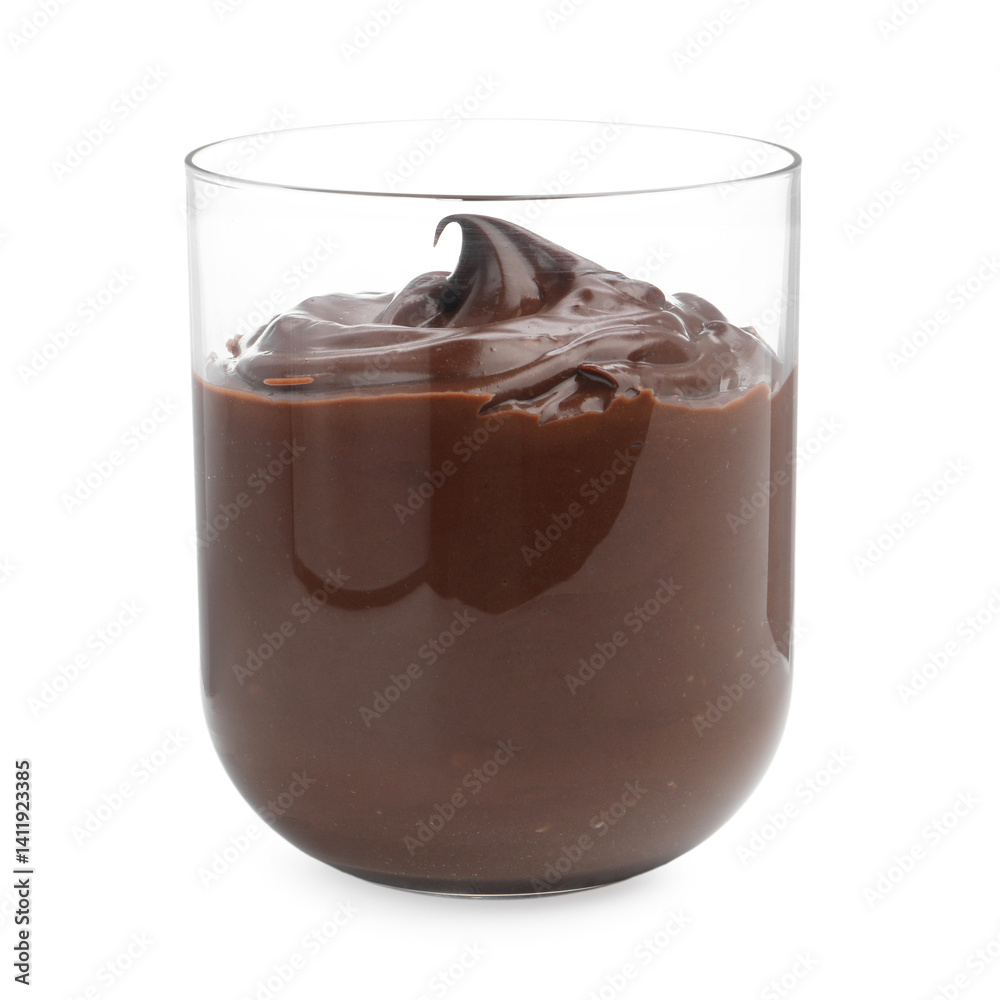 Tasty chocolate pudding in glass isolated on white