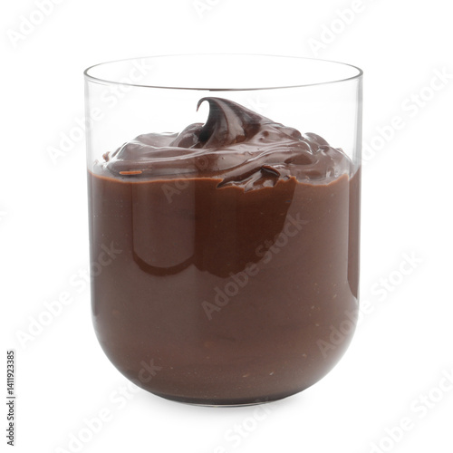 Obraz na płótnie Tasty chocolate pudding in glass isolated on white w salonie