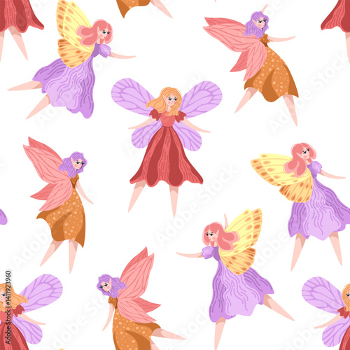 Cute pixie girl flying in seamless pattern illustration of fairies. Ideal for whimsical packaging, and textile