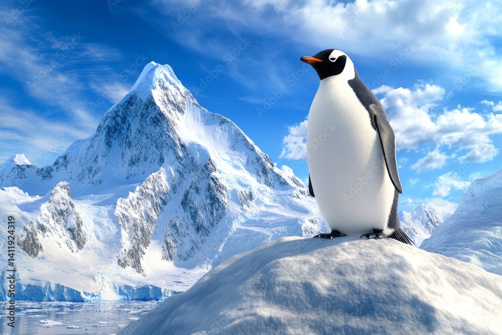 Fototapeta premium A 3D-rendered penguin standing heroically on an icy mountain peak, with an epic landscape behind it
