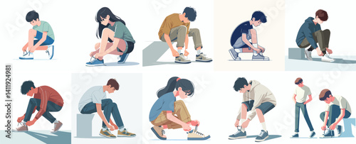 Vector of a teenager tying shoelaces