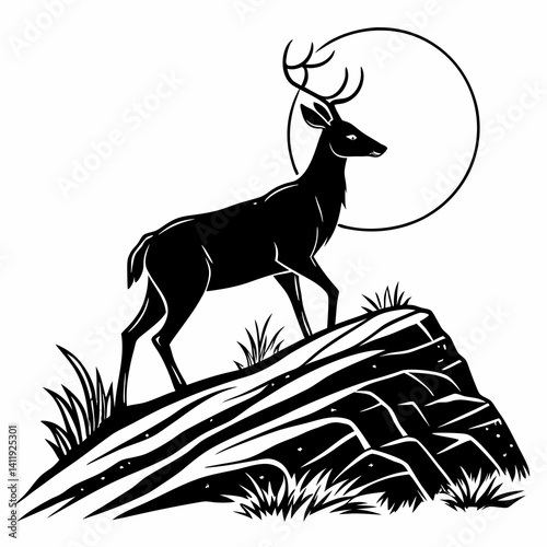 A vector whitetail deer standing on the hill or stone under a pine tree