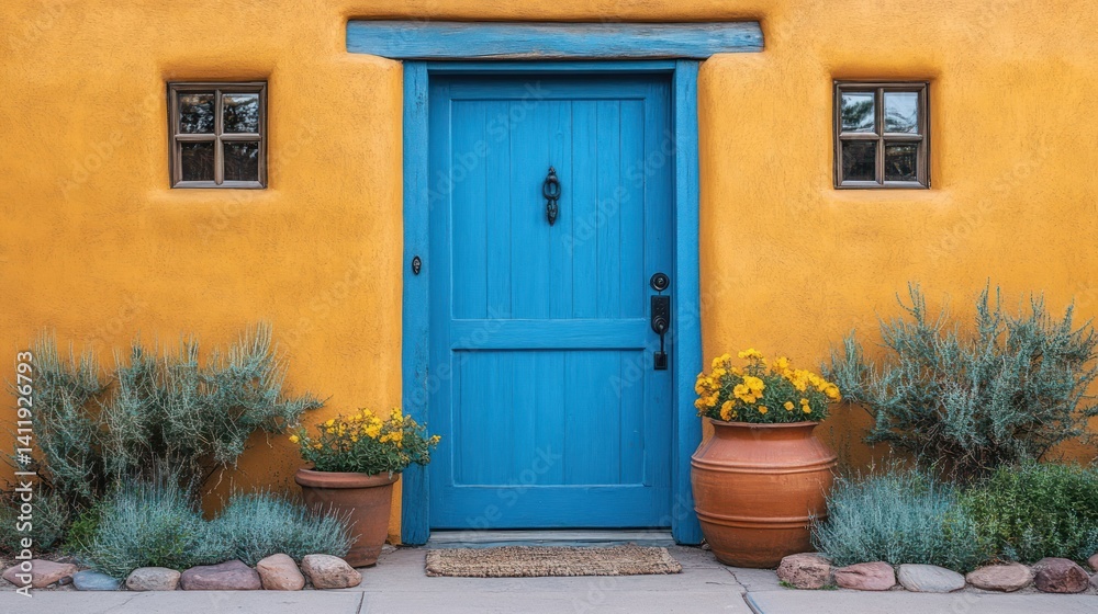 Fototapeta premium Colorful Southwestern Architecture featuring a blue door and golden adobe wall