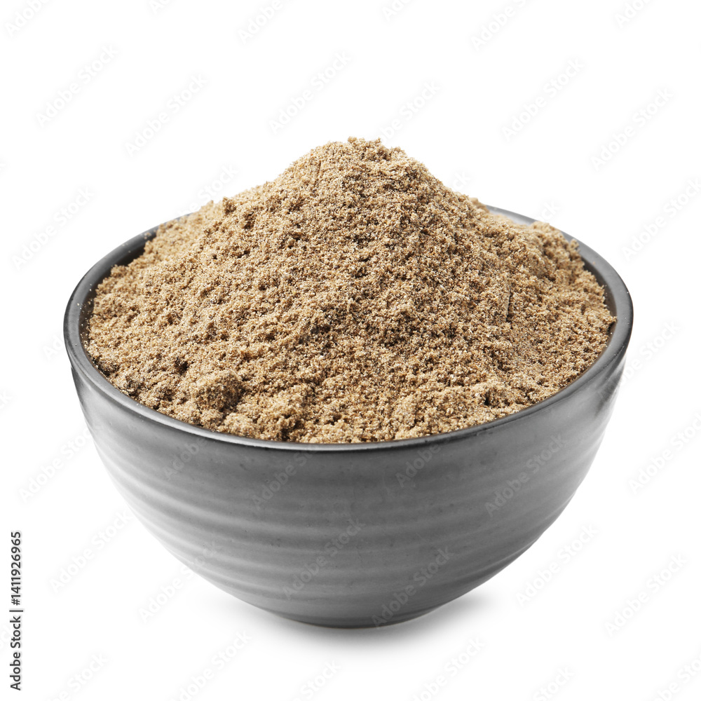 Superfood. Chia seeds powder in bowl isolated on white