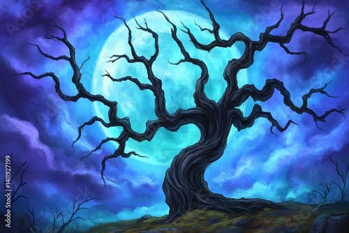 A cursed tree with twisted, skeletal roots that writhe like living creatures in the moonlight