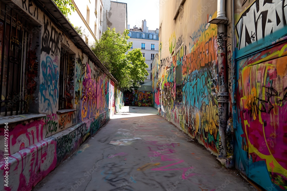 Fototapeta premium Graffiti-filled alley with vibrant colors for urban art scene 