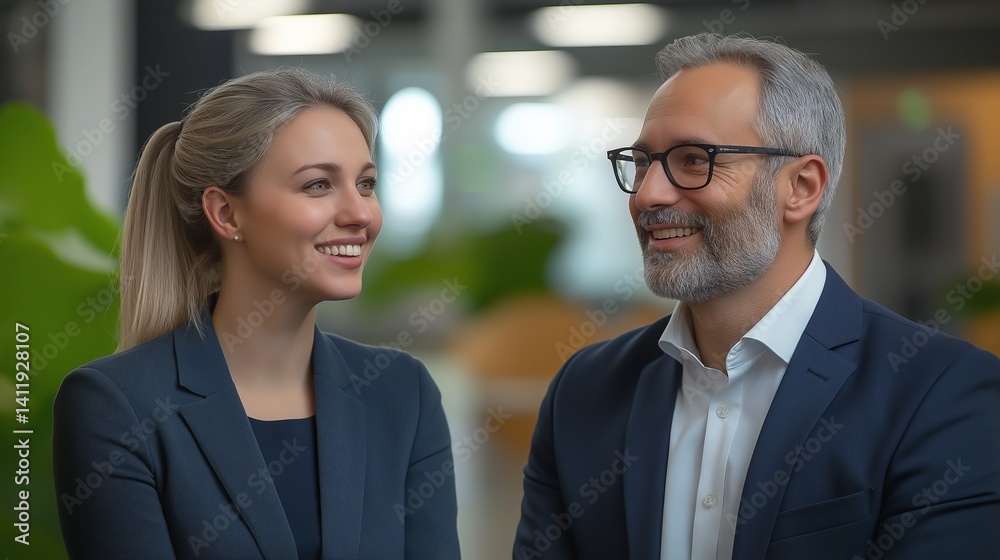Smiling man and woman in business suits talk and laugh together in a modern office with green decor Smiling man and woman in business suits talk and laugh together in a modern office with green decor