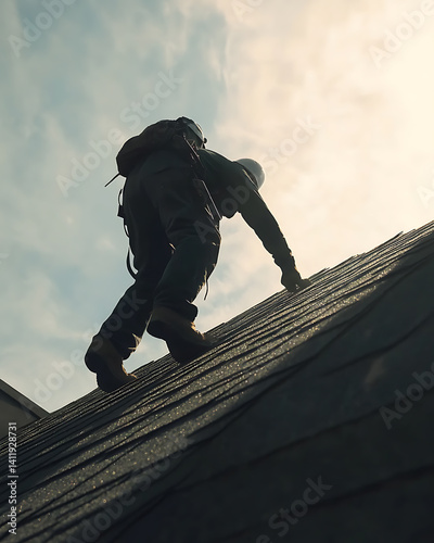 Roofer installing asphalt shingles on a steep roof. Featuring balance and technique