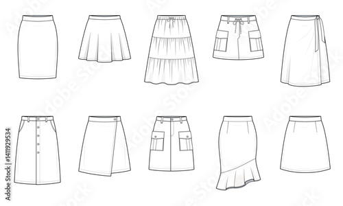Women’s Skirt Collection Technical Fashion Illustration. 10 Skirt Vector Templates. Front Views. Casualwear. Minimalist Line Art. Women’s Wear. Editable CAD Mockup Set.