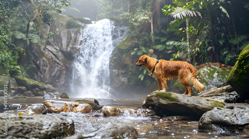 Energetic dog joining hikers on adventure and quenching thirst with water