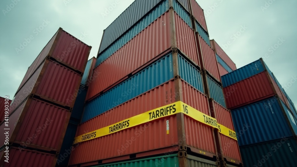 Fototapeta premium Shipping Containers Stacked Labeled With Tariffs
