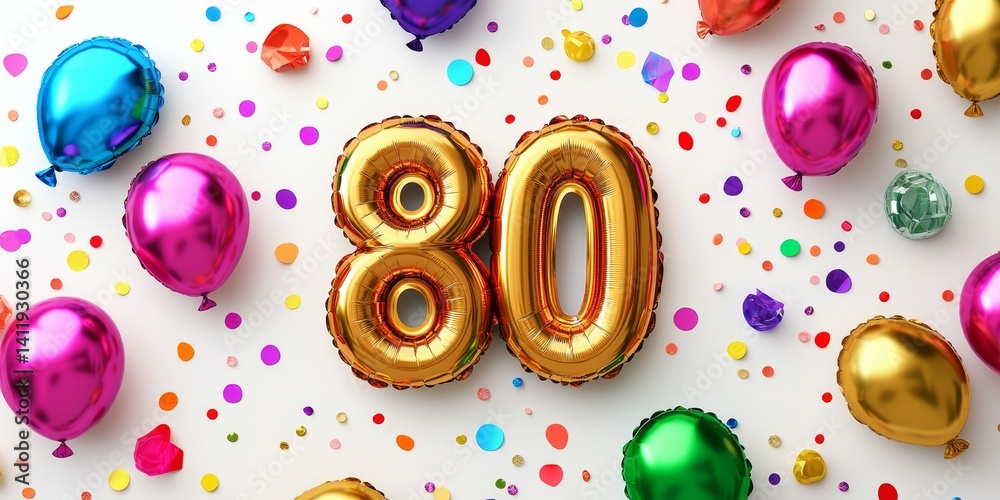 Gold Number 80 Balloon on Festive Confetti Background, Great for Birthdays Anniversary Celebration
