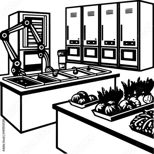 Plant-based food tech concept, SVG with clean lines. Modern Kitchen Setup with Smart Technology and Fresh Ingredients