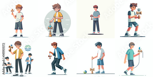 Vector flat design white background. Cartoon Male Characters Playing with Kendama
