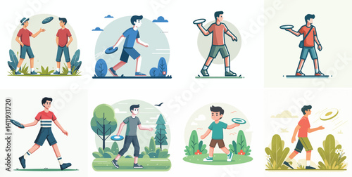 Vector flat design white background. Cartoon Male Characters Playing Frisbee
