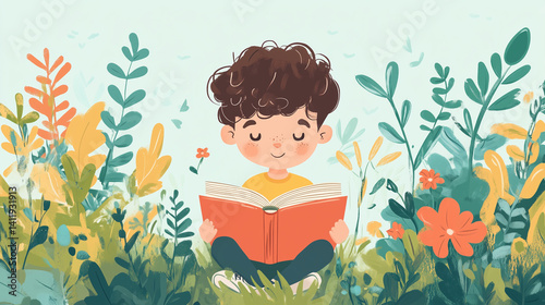 illustration style, 5 years old boy reading a book, in a simple garden, simple background details

