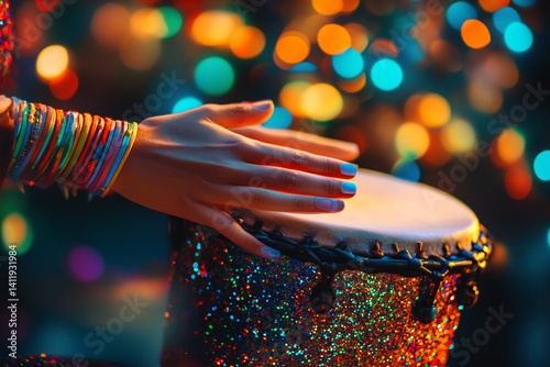 Hand playing a glittery drum under colorful lights