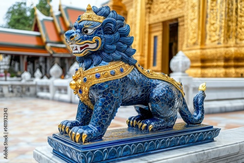 A legendary lion with gemstone-encrusted armor, guarding the entrance to a golden temple