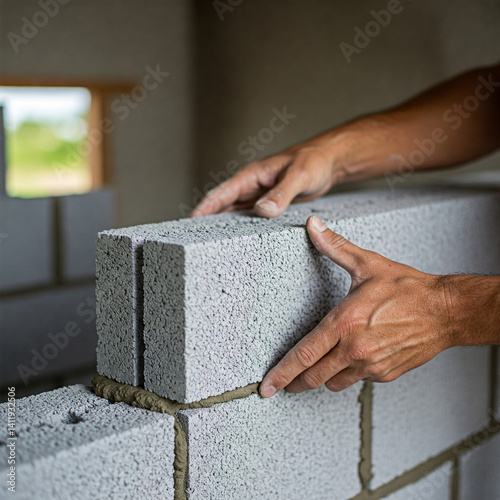 a builder builds a wall from aerated concrete blocks