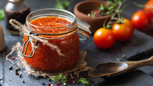 Glass jar with homemade classic spicy tomato pasta or pizza sauce with spices and herbs. Italian healthy food background