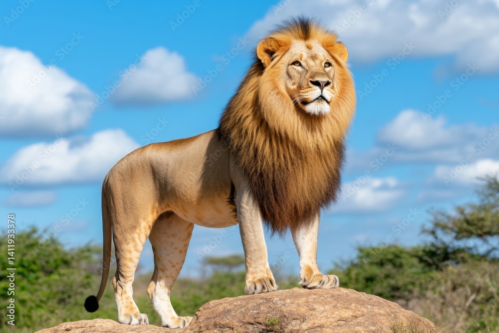 A majestic lion standing on a rock, surveying its savanna kingdom (Mammal)