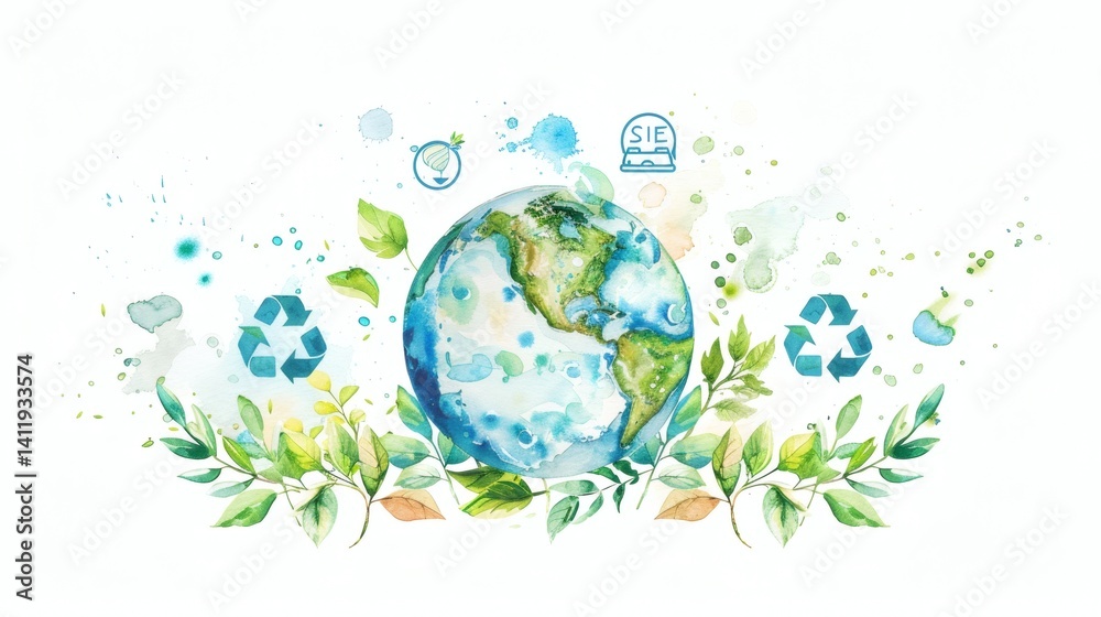 Naklejka premium Earth globe with green leaves and smaller decorative globes symbolizes environmental awareness and sustainability on white background