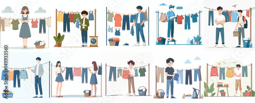 Vector flat design white background. Cartoon Characters Hanging Clothes to Dry
