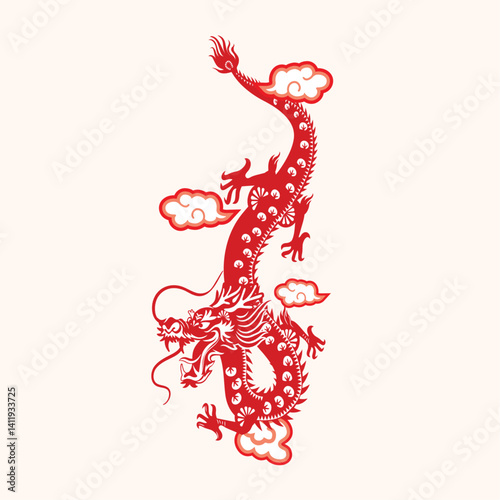 Traditional Red Chinese Dragon Surrounded by Clouds – Symbol of Power and Good Fortune