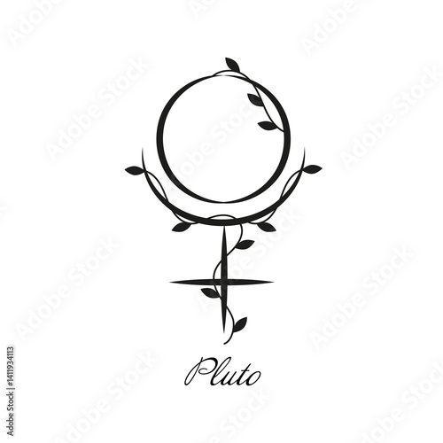 Pluto planet astrological and astronomy sign with black branches and leaves. Vector symbol with botanical decoration on white background