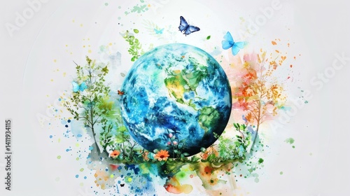 Earth globe with green leaves and smaller decorative globes symbolizes environmental awareness and sustainability on white background