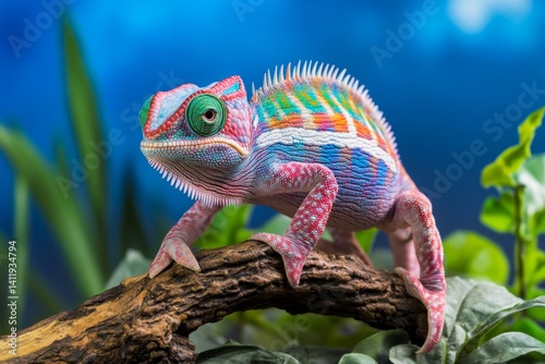 Fototapeta Naklejka Na Ścianę i Meble -  A mystical chameleon (Squamata) with rainbow-colored shifting skin in an enchanted jungle