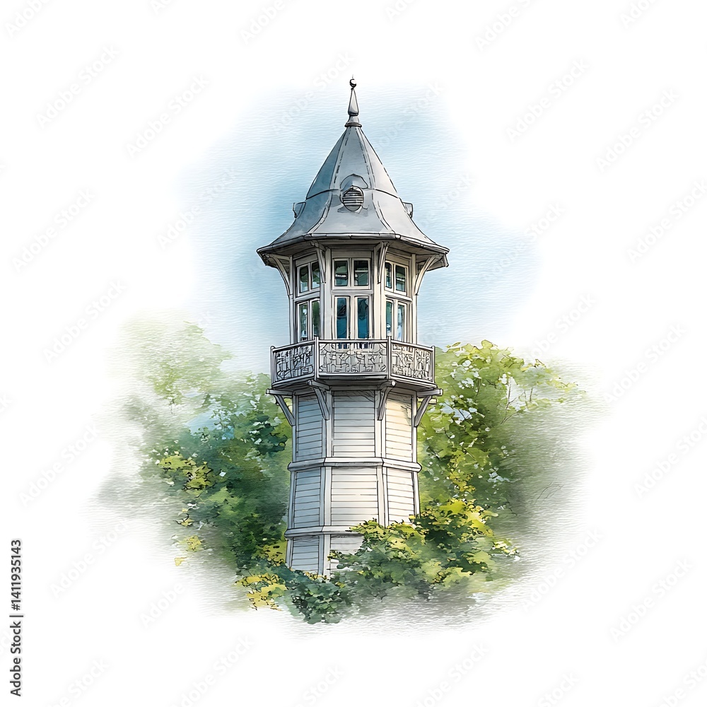 Fototapeta premium Elegant Wooden Tower Amidst Lush Greenery Architectural Illustration.