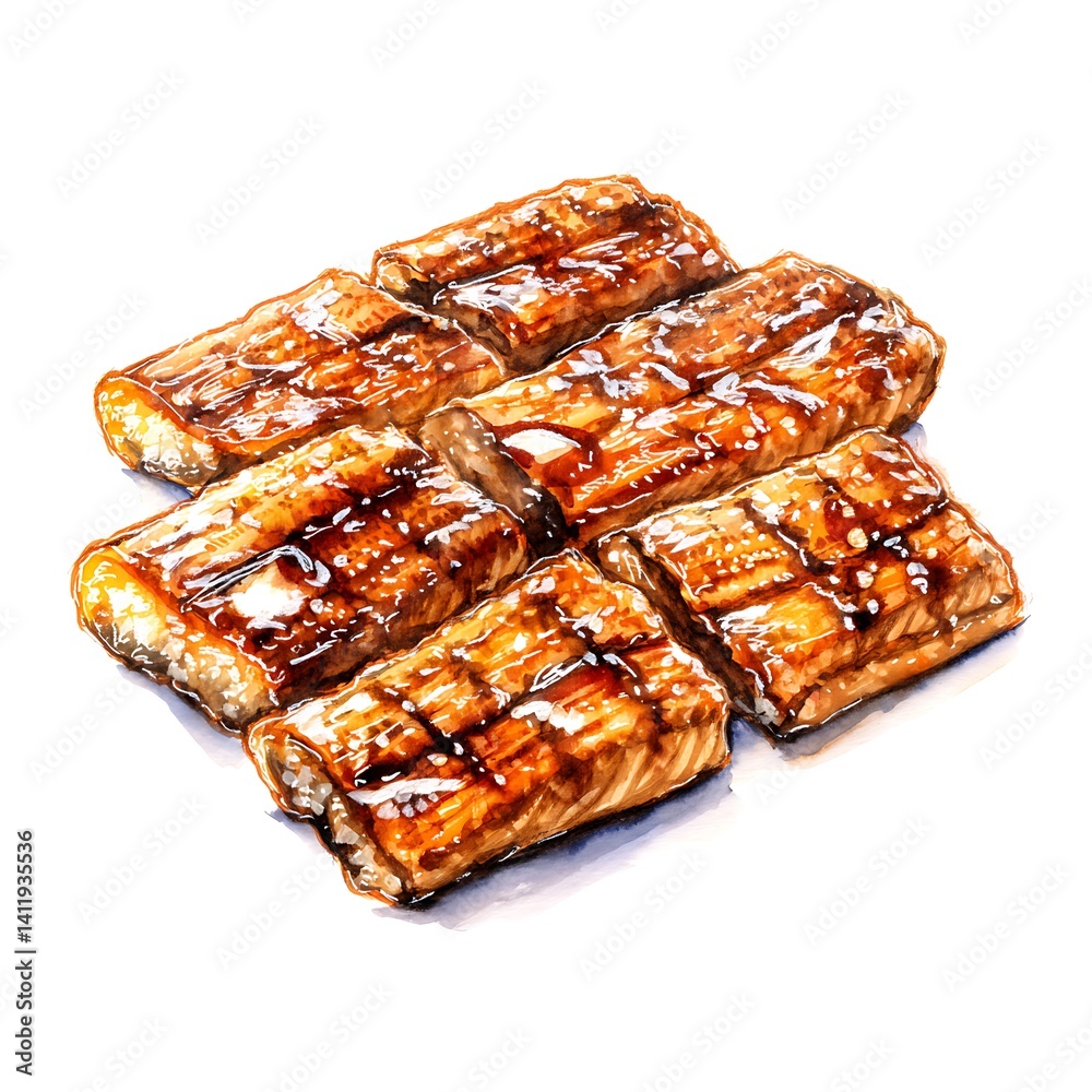 Delicious Grilled Unagi A Watercolor Illustration of Six Pieces of Glazed Eel.