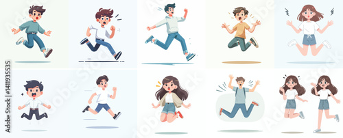 Vector flat design white background. Cartoon Characters Jumping with Excitement or Surprise

