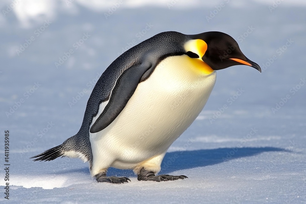 Fototapeta premium A penguin playfully chasing another across the ice, their footprints trailing behind them