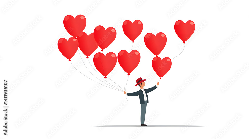 Innovative hand-drawn illustration of a man holding balloons, ideal for celebratory concepts Innovative hand-drawn illustration of a man holding balloons, ideal for celebratory concepts