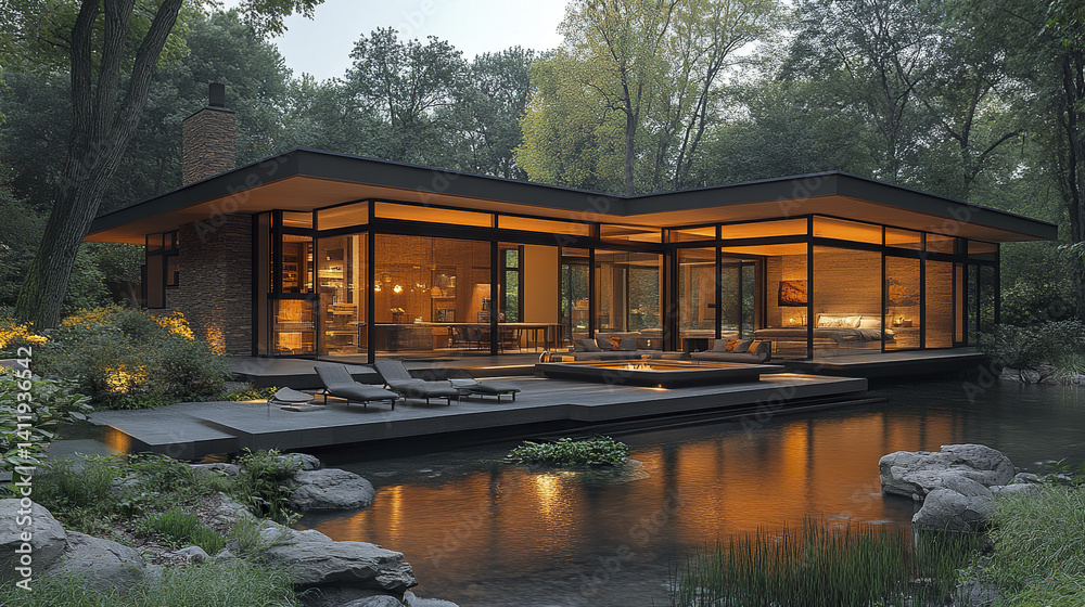Modern glass house with serene pond in lush forest setting Modern glass house with serene pond in lush forest setting