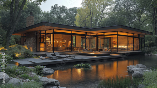 Modern glass house with serene pond in lush forest setting