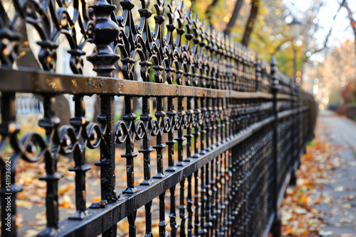 Black wrought iron fence with leaves on the ground. The leaves are brown and the fence is wet