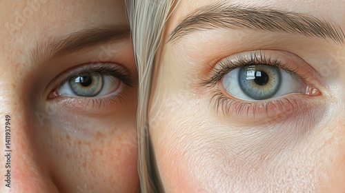 Eye comparison of young and old woman. Skin texture and wrinkles.