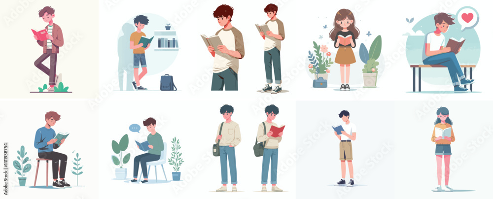Vector flat design white background. Cartoon Characters Reading Books
Vector flat design white background. Cartoon Characters Reading Books