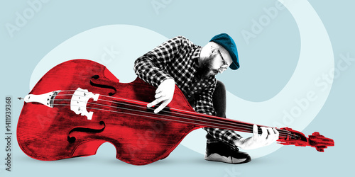 Photography Man in cap crouched low playing massive red bass horizontally on swirling light background in surreal creative collage