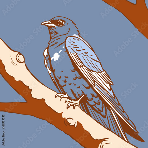 Glossy Purple Martin bird illustration with rich, dark purple plumage, perfect for nature and bird-themed designs.