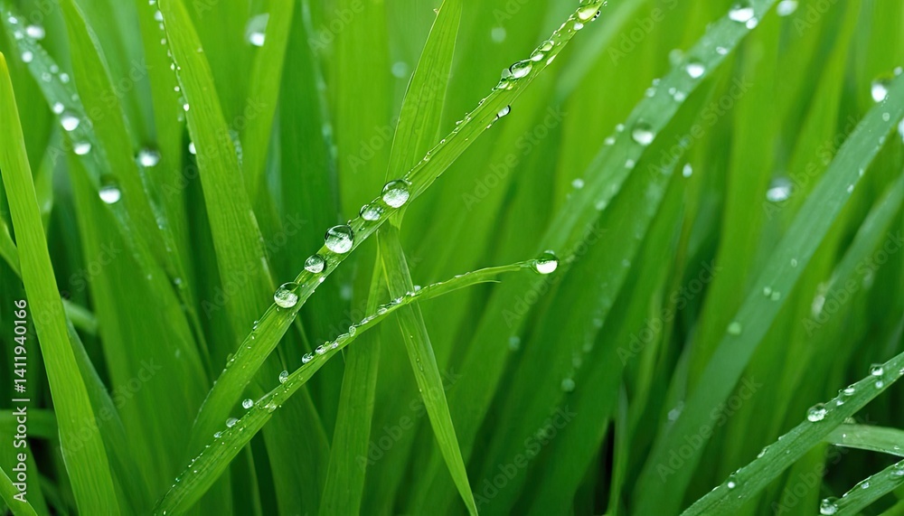 Raindrops that stay on top of the green grass leaves in the evening.
1 Raindrops that stay on top of the green grass leaves in the evening.
1