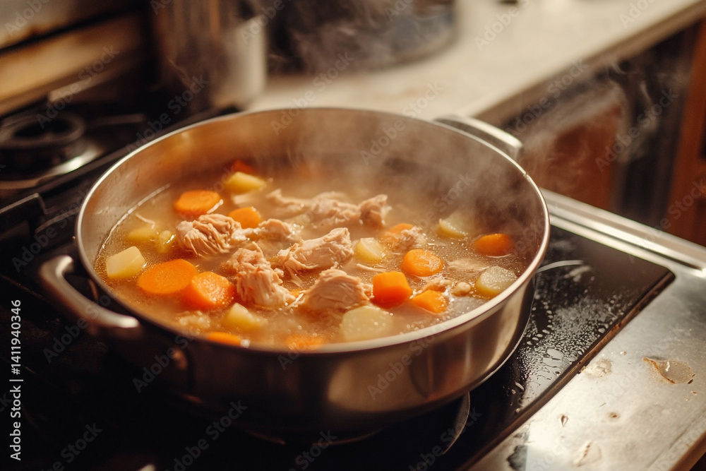 Steaming chicken and vegetable soup simmering on stovetop Steaming chicken and vegetable soup simmering on stovetop
